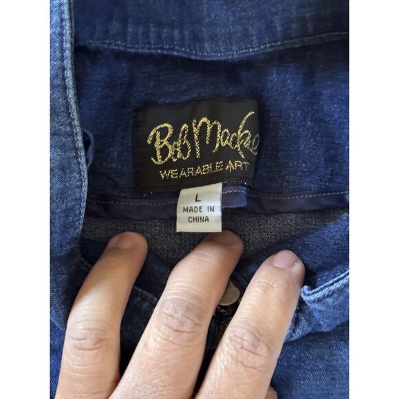 BOB MACKIE Blue Denim Full Zip Jacket Top Beaded Rhinestone Artsy Pockets LARGE - Picture 3 of 11